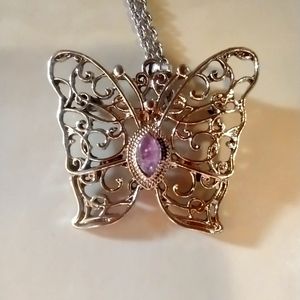 Butterfly filigree necklace/brooch combo with amathyest stone
